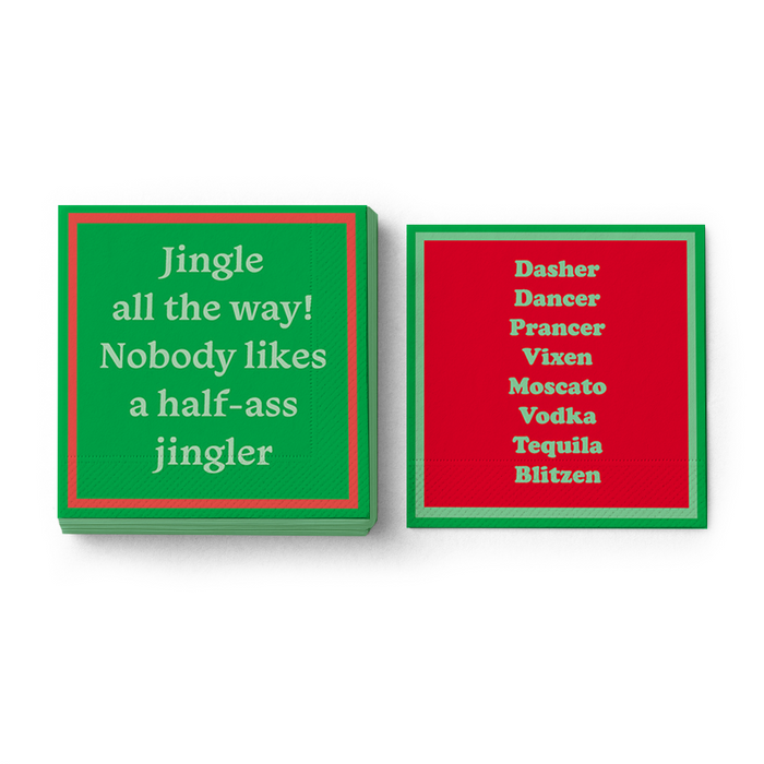 Add festive cheer to your party with Drinks On Me’s Blitzen CHRISTMAS Napkin—fun cocktail napkins featuring “Jingle all the way!” and playful drink-themed designs, perfect as bar cart accessories or for holiday gatherings.