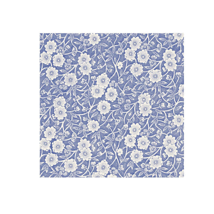 Blue Calico Paper Cocktail Napkins by Hester & Cook feature a detailed white floral and leaf design on a blue background, bringing vintage elegance to any gathering. Pack includes 20 napkins.