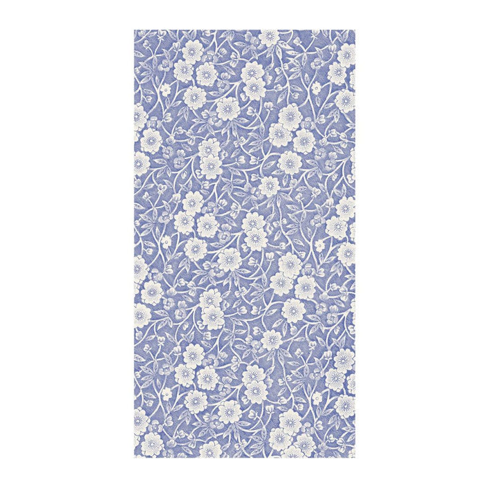Hester & Cook's Blue Calico Paper Guest Towels (16 pack) feature a blue background with an intricate white floral pattern of flowers, leaves, and vines densely covering the rectangular sheet.