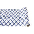 The Blue Lattice Runner by Hester & Cook (20x25") features a white background with a hand-painted blue grid, ideal for creative gift wrapping or as a distinctive paper table runner.