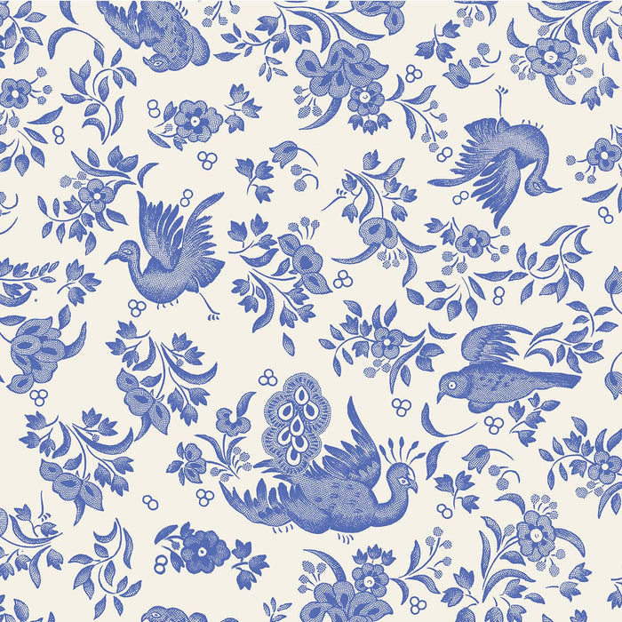The Blue Regal Peacock Cocktail Napkins by Hester & Cook feature a blue and white seamless pattern with stylized birds and floral motifs, offering a vintage-inspired look. Pack of 20.