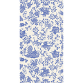 Add elegance to your table with Hester & Cook's Blue Regal Peacock Guest Towel Napkins—16-pack features a blue and white decorative pattern with stylized birds and florals, intricately detailed on a cream background.
