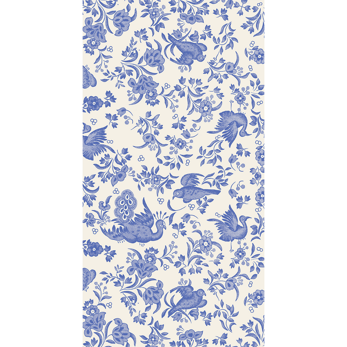 Add elegance to your table with Hester & Cook's Blue Regal Peacock Guest Towel Napkins—16-pack features a blue and white decorative pattern with stylized birds and florals, intricately detailed on a cream background.
