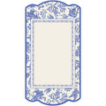 The Sophistiplate Royal Peacock Table Setting - French Blue features a cream card with an ornate blue floral and bird border, scalloped edges, and a blank center—ideal for pairing with designer or bamboo plates at your next elegant event.