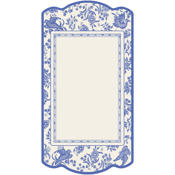 The Sophistiplate Royal Peacock Table Setting - French Blue features a cream card with an ornate blue floral and bird border, scalloped edges, and a blank center—ideal for pairing with designer or bamboo plates at your next elegant event.