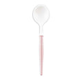 The Sophistiplate Blush and White Cocktail Spoons - 50pk feature white spoon ends with long, slender pink handles—ideal for parties as reusable or disposable cutlery. Pictured here on a plain white background.