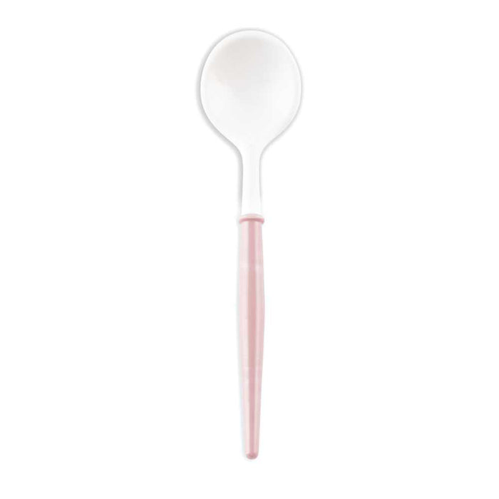 The Sophistiplate Blush and White Cocktail Spoons - 50pk feature white spoon ends with long, slender pink handles—ideal for parties as reusable or disposable cutlery. Pictured here on a plain white background.