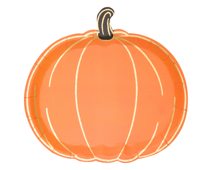 The Boo Bold Assorted Die Cut Salad Plates (8pk) by Sugarplum feature an orange pumpkin with light yellow outlines and a brown-tan stem on a white background—ideal for festive party settings.