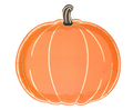 The Boo Bold Assorted Die Cut Salad Plates (8pk) by Sugarplum feature an orange pumpkin with light yellow outlines and a brown-tan stem on a white background—ideal for festive party settings.