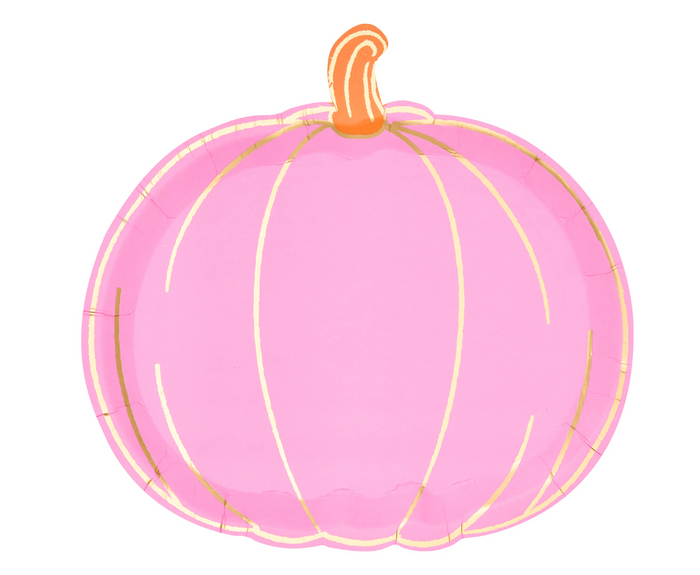 The Sugarplum Boo Bold Assorted Die Cut Salad Plates (8pk) feature a pink pumpkin design with yellow lines, an orange-yellow stem, and gold outline on a white background—perfect disposable plates for your next party.