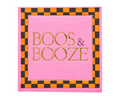 Sugarplum’s Boo Bold Cocktail Napkins (26pk) feature a pink design with a black and orange checkered border and metallic gold “BOOS & BOOZE” text—perfect for your next Halloween party.