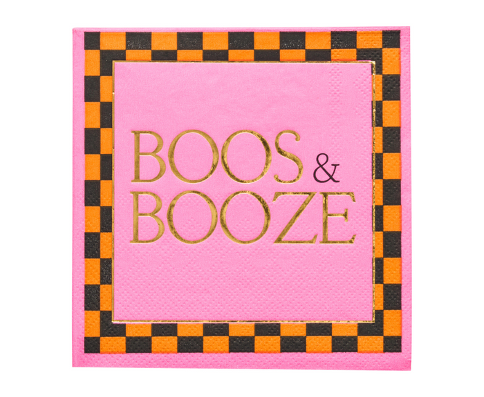 Sugarplum’s Boo Bold Cocktail Napkins (26pk) feature a pink design with a black and orange checkered border and metallic gold “BOOS & BOOZE” text—perfect for your next Halloween party.