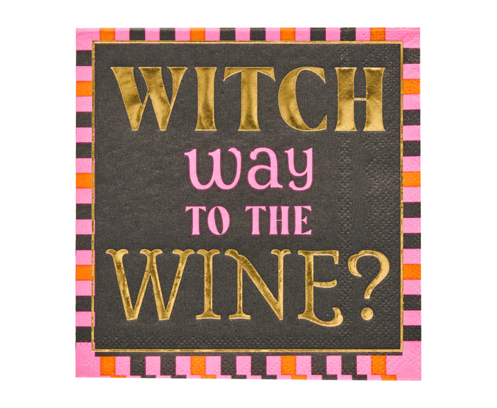 Add festive flair to your Halloween party with Sugarplum’s Boo Bold Cocktail Napkins (26-pack), featuring a pink, orange, and black striped border and “WITCH way to the WINE?” in metallic gold and pink.