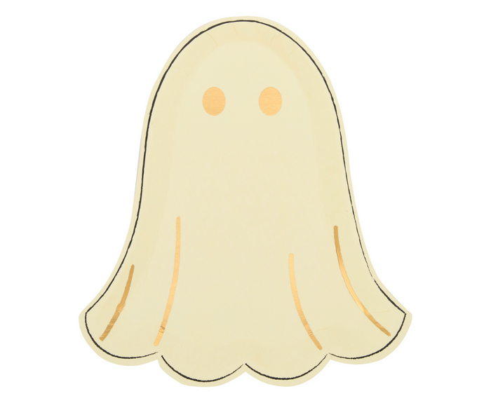 Sugarplum’s Boo Bold Die Cut Salad Plates (8pk) feature a cream ghost shape with wavy edge, gold eyes, and gold foil details—ideal spooky touch for Halloween parties.