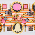 A festive Halloween table with a Hester & Cook Orange & Black Stripe Runner (20x25"), black and gold plates, pumpkin and ghost-shaped plates, floral centerpiece, gold cutlery, themed napkins, and black cups.