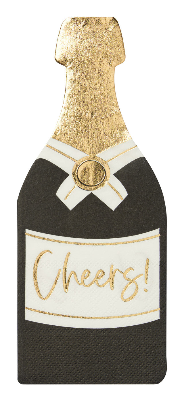 The Sophistiplate Bottle Guest Towel Celebrate Good Times napkins (20/pkg) feature a champagne bottle shape with gold foil accents and "Cheers!" in gold script—perfect festive flair for holiday parties or as guest towel napkins.