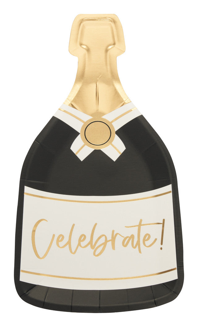 The Sophistiplate Bottle Salad Plate Celebrate Good Times (8/pkg) features gold detailing and "Celebrate!" script, making these elegant plates perfect for festive occasions.