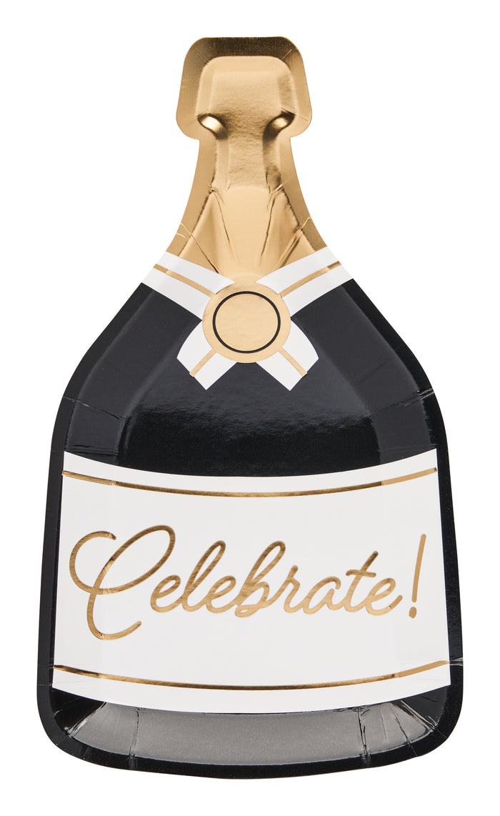 The Sophistiplate Bottle Salad Plate Gold Disco Coupe/8pk features a champagne bottle shape with gold and black details and “Celebrate!” script—perfect for adding festive style to your New Year's celebration.