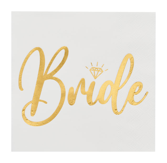 Sugarplum Bride Cocktail Napkins (26pk) feature "Bride" in shiny gold script with a diamond above the i—perfect as bridal shower or elegant gold cocktail napkins for your bachelorette party.