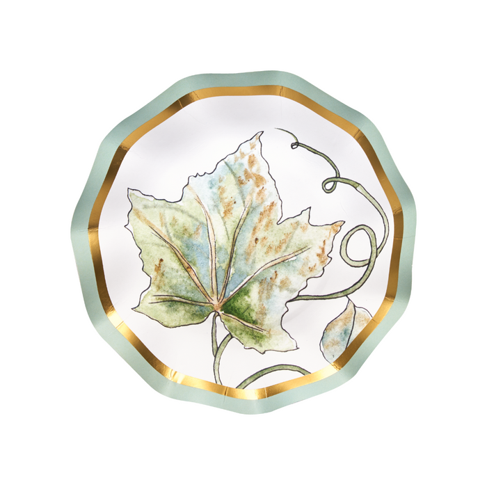 The Sophistiplate Bright & Thankful Appetizer/Dessert Bowls (8pk) feature a charming watercolor-inspired leaf and vine motif, highlighted by a green border and gold inner rim, making them an ideal match for gold-accented serving pieces or scalloped-edge autumn bowls to create an elegant seasonal tablescape.