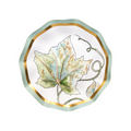 The Sophistiplate Bright & Thankful Appetizer/Dessert Bowls (8pk) feature a charming watercolor-inspired leaf and vine motif, highlighted by a green border and gold inner rim, making them an ideal match for gold-accented serving pieces or scalloped-edge autumn bowls to create an elegant seasonal tablescape.
