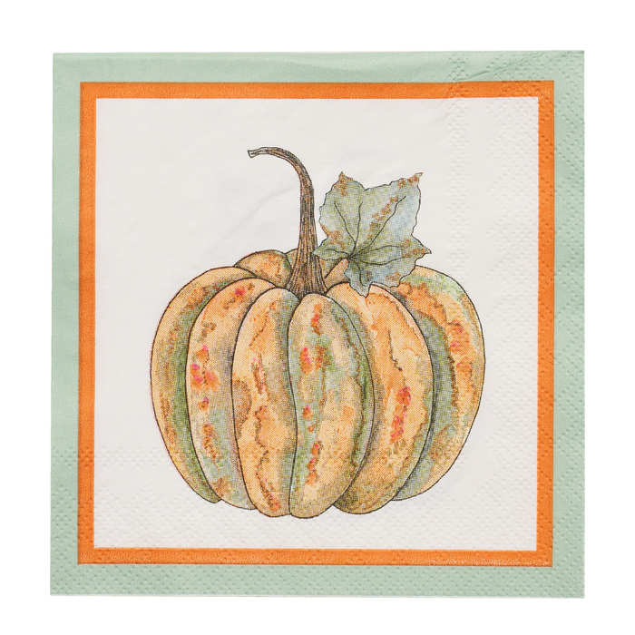 Brighten your autumn gatherings with Sophistiplate's Bright & Thankful Cocktail Napkins (20pk), featuring an illustrated orange and green pumpkin with a stem and leaf, bordered by orange and light green edges—perfectly festive!.