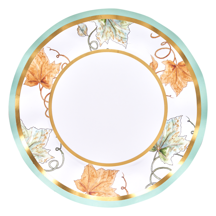 The Sophistiplate Bright & Thankful Dinner Plates (8pk) feature a round ceramic design with a metallic gold trim and teal border, adorned with orange and green autumn leaves and curling vines around the rim. A plain white center makes these plates perfect for festive seasonal gatherings.