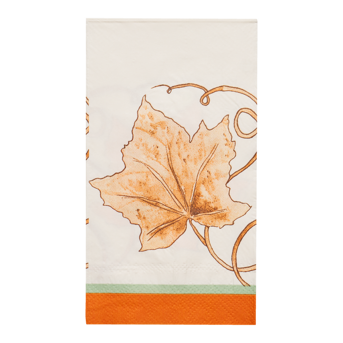 The Sophistiplate Bright & Thankful Guest Towel/20pk features a white napkin with orange and brown leaf art, swirling lines, a green stripe, and an orange border—perfect festive harvest napkins for seasonal gatherings.