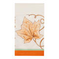 The Sophistiplate Bright & Thankful Guest Towel/20pk features a white napkin with orange and brown leaf art, swirling lines, a green stripe, and an orange border—perfect festive harvest napkins for seasonal gatherings.