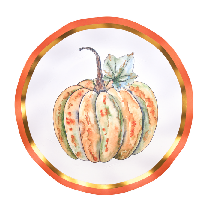 Sophistiplate’s Bright & Thankful Salad Plates (8pk) feature a watercolor pumpkin illustration with green and orange accents and a leaf, centered on white disposable plates accented by wavy red edges and elegant gold trim.