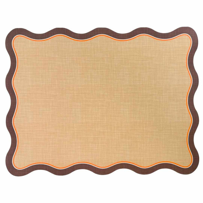 The Rosanne Beck Brown & Orange Scallop Edge Placemats/10pk feature a wavy dark brown border with orange trim, resembling classic placemats. Set against a white background, their blank textured surface is perfect for displaying notes or decor.