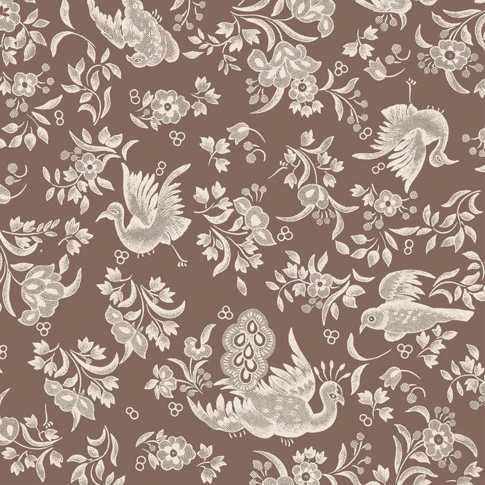 Elegant cream-colored birds and floral motifs on a brown background, inspired by Hester & Cook's Brown Regal Peacock Cocktail Napkin - 20pk, featuring stylized birds in flight and intricate flower designs.