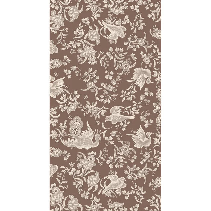 Vintage-style brown guest napkins by Hester & Cook, featuring a repeating regal peacock pattern with ornate cream details. Brown Regal Peacock Guest Napkin - 16pk.
