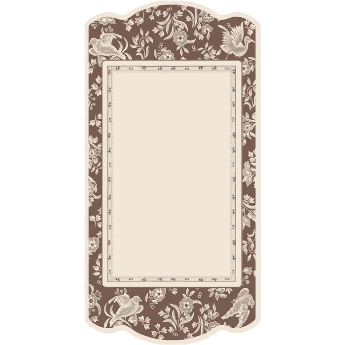 The Hester & Cook Brown Regal Peacock Table Card - 12pk features elegant floral and bird borders with a blank cream center, ideal for stylish place cards or table decorations at special events.
