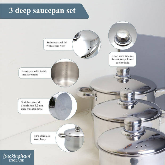 Buckingham 3 Piece Deep Stainless Steel Saucepan Set with Lid