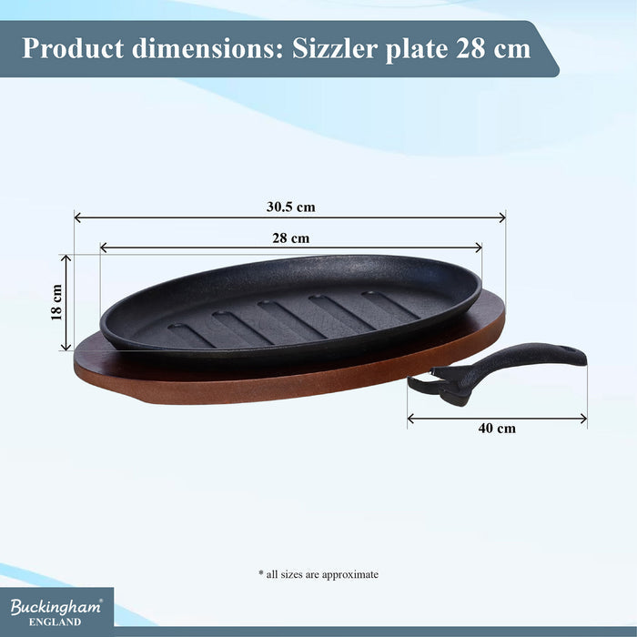 Buckingham Cast Iron Sizzling Dish Steak Platter with wooden base