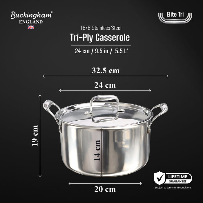 Buckingham Elite Tri 18/8 Stainless Steel Casserole 24 cm  / 5 Litre.