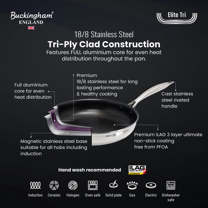 Buckingham Elite Tri-ply 18/8 Stainless Steel Frying Pan (ILAG ultimate non-stick coating)