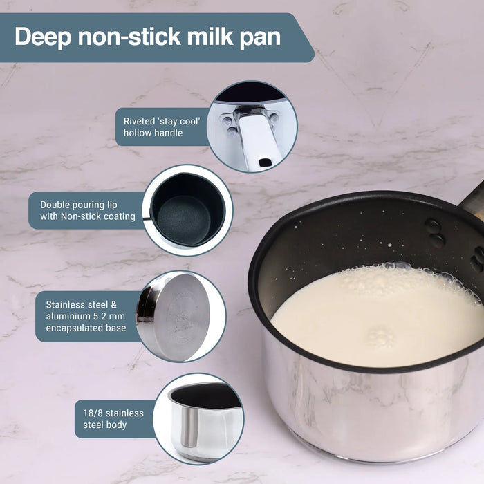 Buckingham Induction Deep Milk SaucePan with Xylem Non-Stick Coating and Double Lip, Stainless Steel, 14 cm Buckingham Cookware UK