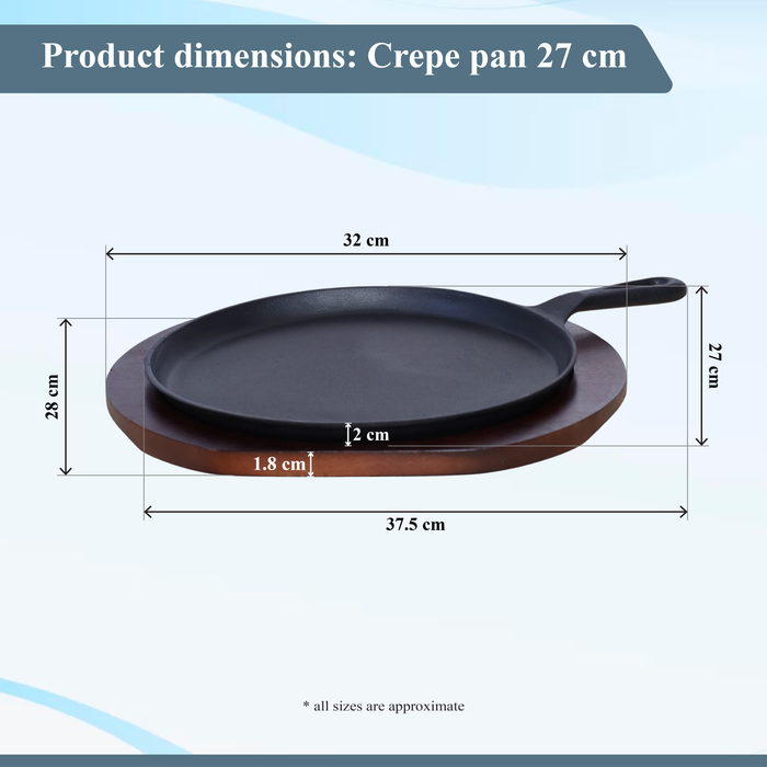 Buckingham Pre-Seasoned Cast Iron Crepe Pan With Wooden Base 27 cm
