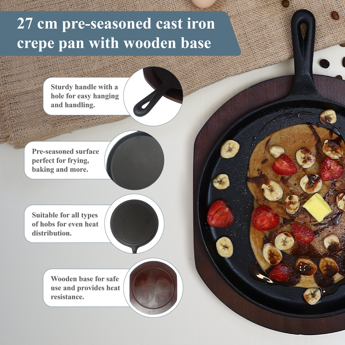 Buckingham Pre-Seasoned Cast Iron Crepe Pan With Wooden Base 27 cm
