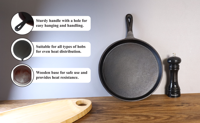 Buckingham Pre-Seasoned Cast Iron Crepe Pan With Wooden Base 27 cm