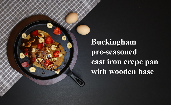 Buckingham Pre-Seasoned Cast Iron Crepe Pan With Wooden Base 27 cm