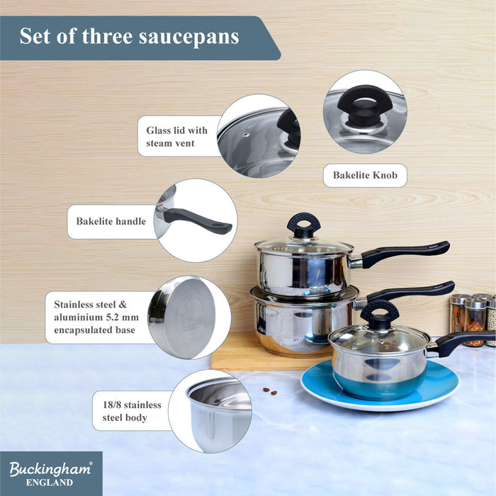 Buckingham Stainless Steel 5 Piece Pan Set Glass Lid with Bakelite Handle