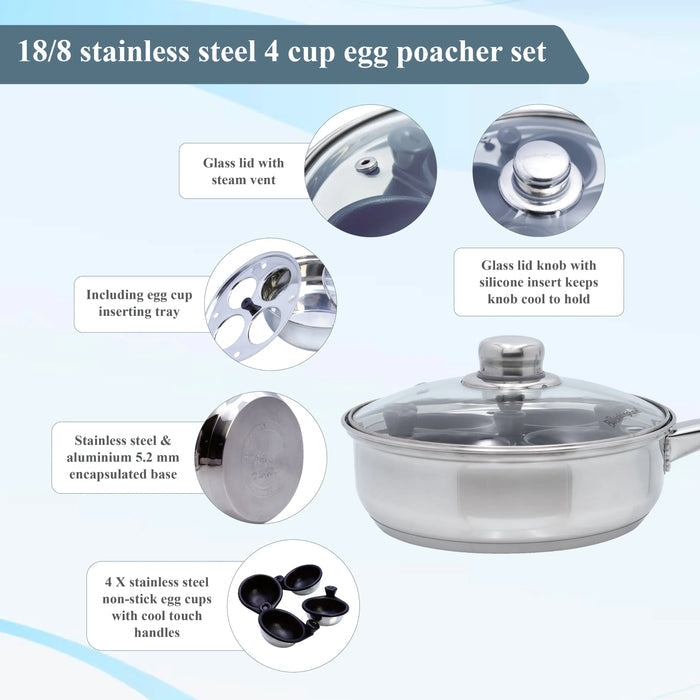 Buckingham Stainless Steel Four Hole Egg Poacher 20 cm with Non-Stick Removable Cups, Silver Buckingham Cookware UK