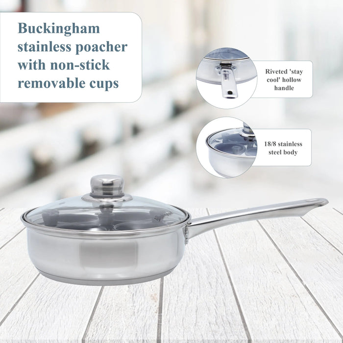 Buckingham Stainless Steel Four Hole Egg Poacher 20 cm with Non-Stick Removable Cups, Silver Buckingham Cookware UK