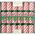 Hester & Cook Candy Cane Crackers feature red and white stripes, candy cane accents, and green bows. Perfect for party favors or table decor. Includes a warning about small parts.