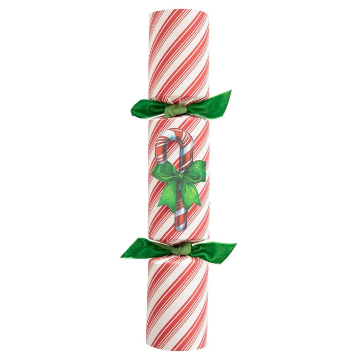 The Candy Cane Crackers by Hester & Cook feature red and white stripes, green ribbon bows, and a candy cane center—perfect for festive table décor or party favors.