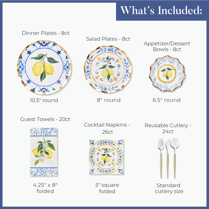 The image features the Capri Coast Table Setting by Sophistiplate LLC, a lemon-themed party supply set that includes heavy duty paper plates for dinner and salad, appetizer bowls, guest towels, cocktail napkins, and reusable cutlery. Each designer disposable plate is both stylish and sturdy, with clear details on size and quantity provided for every item.