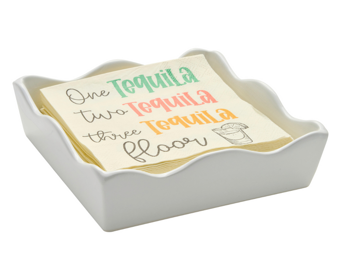 The Sophistiplate Ceramic Cocktail Napkin Tray displays napkins with “One Tequila, Two Tequila, Three Tequila, Floor” in colorful letters and a shot glass illustration—perfect for parties and cocktail settings.